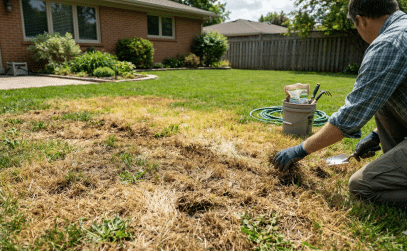 Grass severely damaged by over-fertilizing showing fertilizer burn across a New Orleans lawn