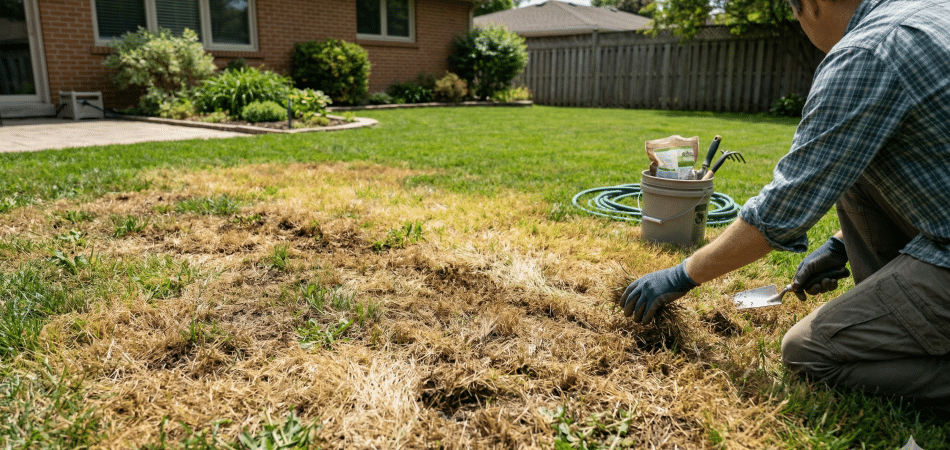Grass severely damaged by over-fertilizing showing fertilizer burn across a New Orleans lawn