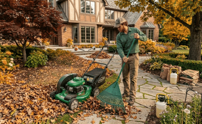 Mulching autumn leaves into a New Orleans lawn with a mower to return nutrients to the soil