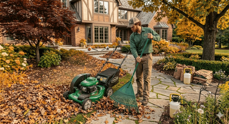 Mulching autumn leaves into a New Orleans lawn with a mower to return nutrients to the soil