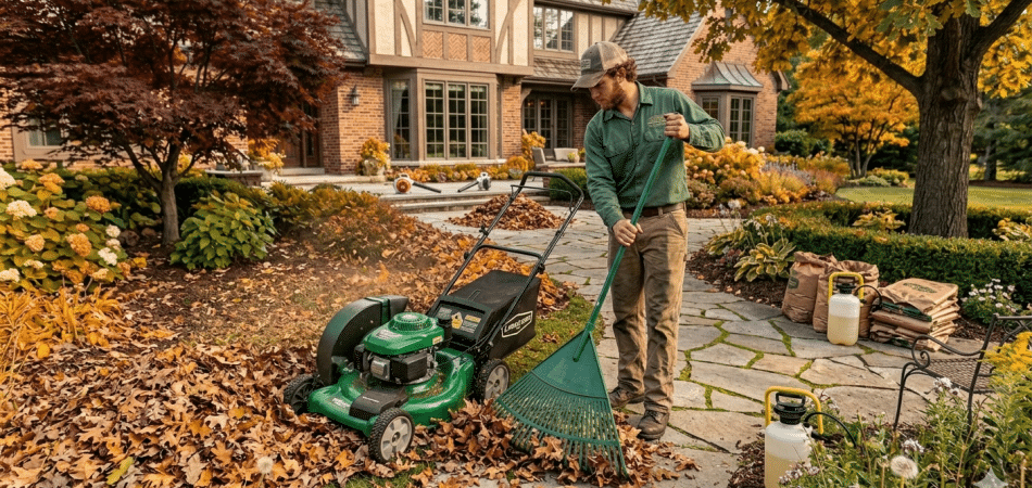 Mulching autumn leaves into a New Orleans lawn with a mower to return nutrients to the soil