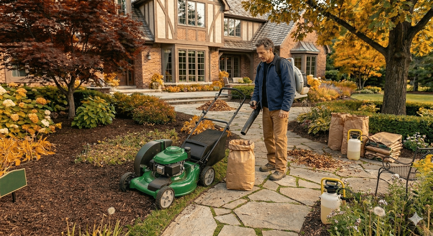 Leaf Mulching Services New Orleans – Big Easy Grass Cutting Professional leaf cleanup and mulching service in New Orleans removing matted leaves from turf