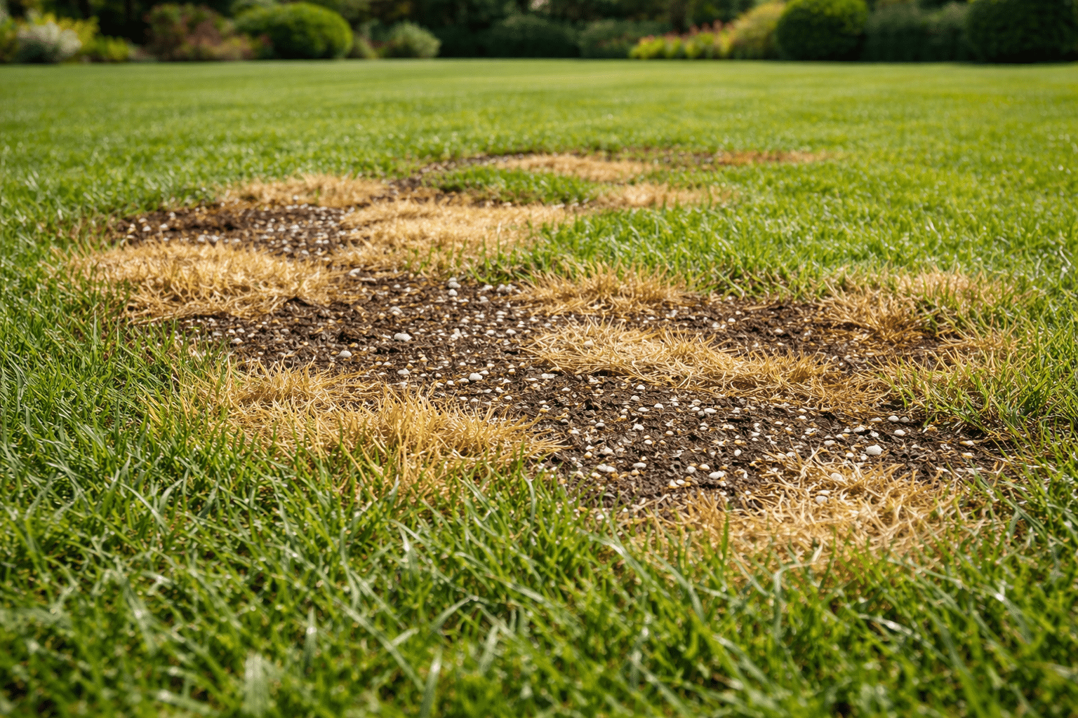 Over-Fertilized Grass Burn Damage – Big Easy Grass Cutting Over-fertilized grass with visible yellow and brown burn damage caused by excess nitrogen