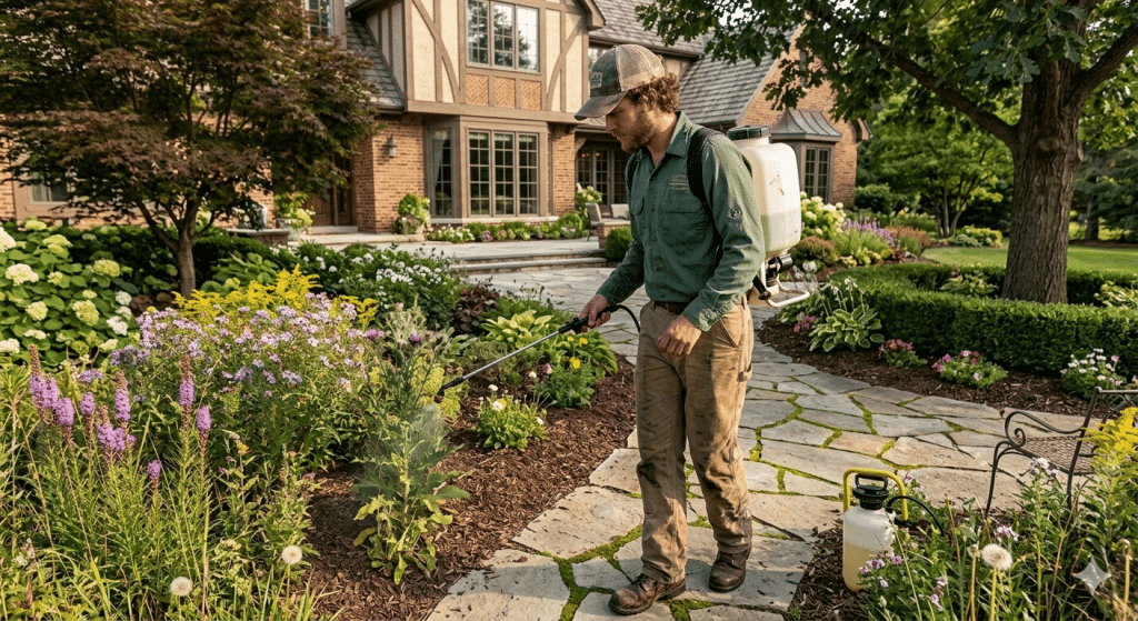 Weed control treatment being applied to a lawn