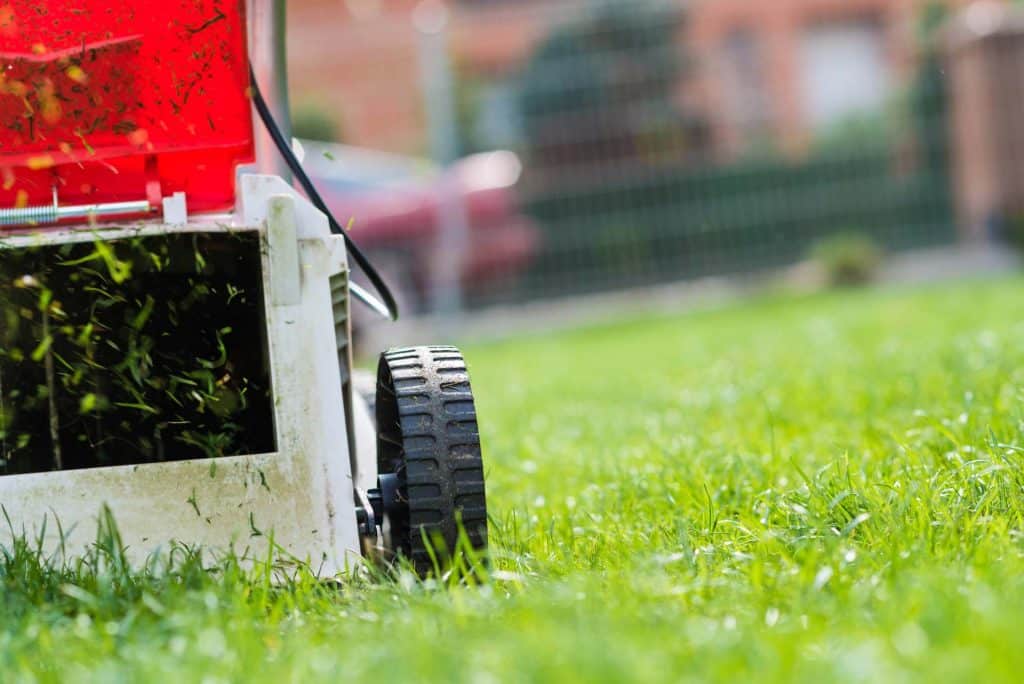 Close view of a red mower and its grass bag